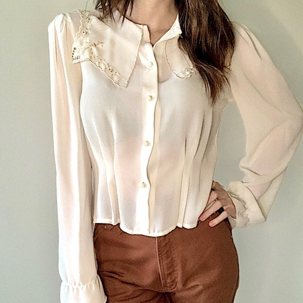 Vintage Cream Blouse with Lace Collar